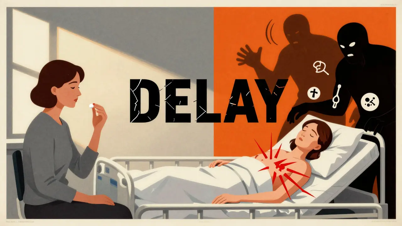Split-panel image contrasting a calm daily routine with a life-threatening thyroid storm, emphasizing the danger of delay.