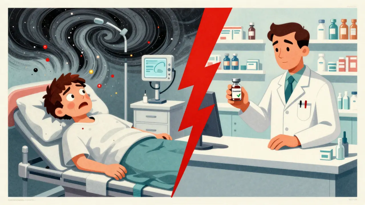 Split scene: emergency serotonin crisis vs. safe dexamethasone alternative in stylized poster art.