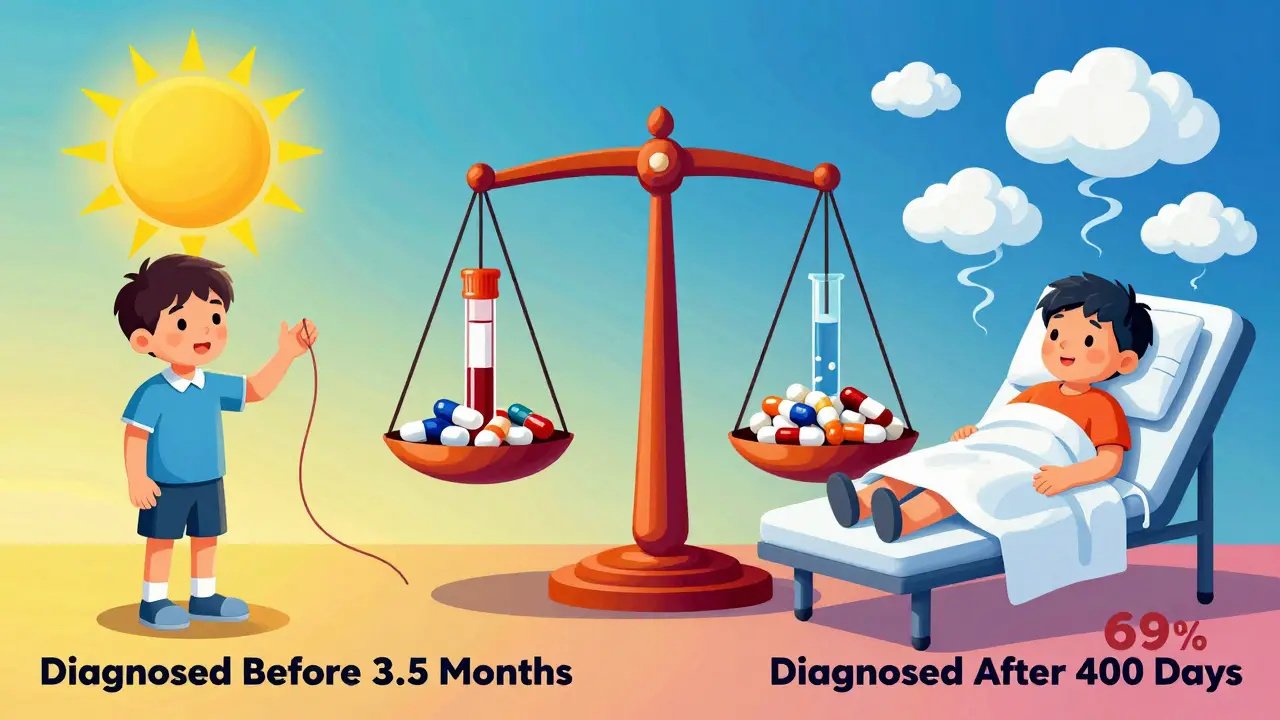 Split scene: one child thriving after early diagnosis, another deteriorating after delay, with a blood test and antibiotics on a symbolic scale.