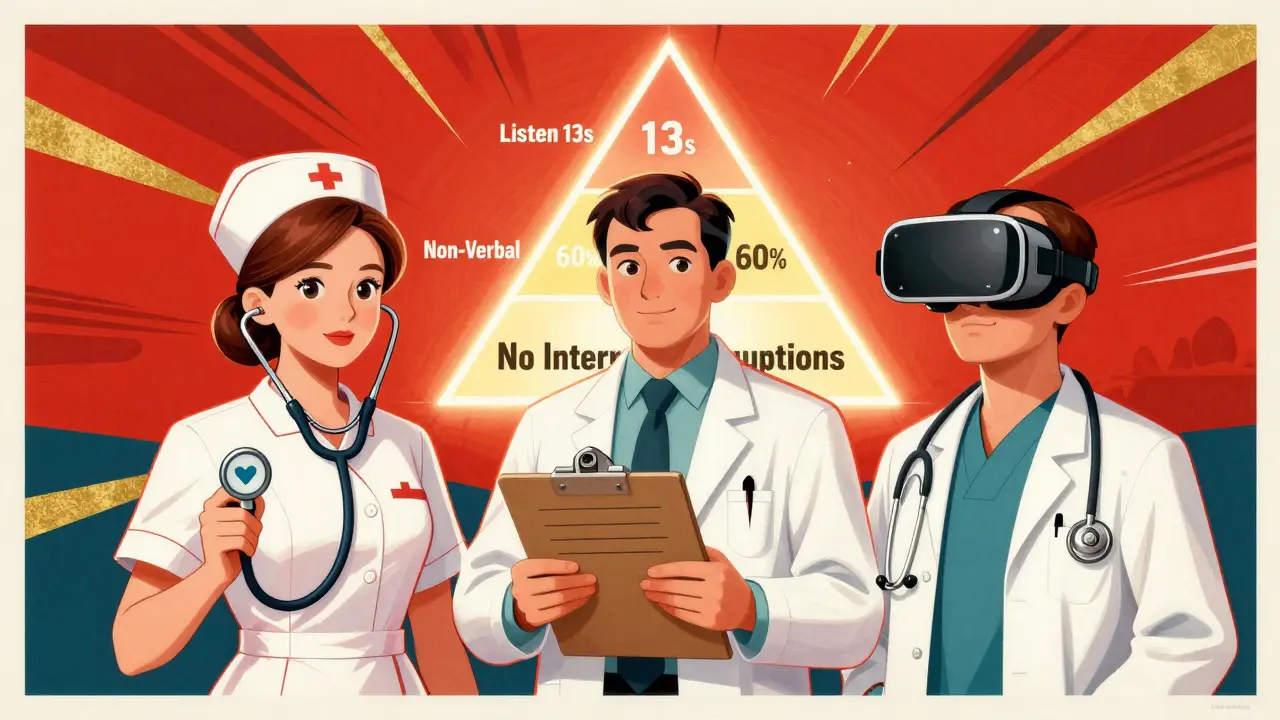 Three healthcare workers hold tools representing empathy, boundaries, and telehealth, beneath a pyramid of communication skills.