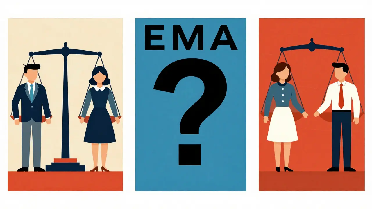 Triptych of FDA scale, EMA question mark, ANVISA figures in geometric style