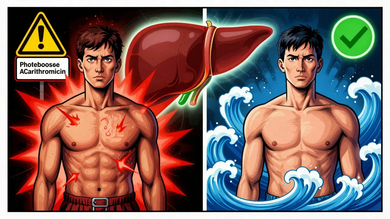 Two contrasting scenes: one showing toxic reactions to clarithromycin, the other safe metabolism with azithromycin, illustrated in bold poster art.