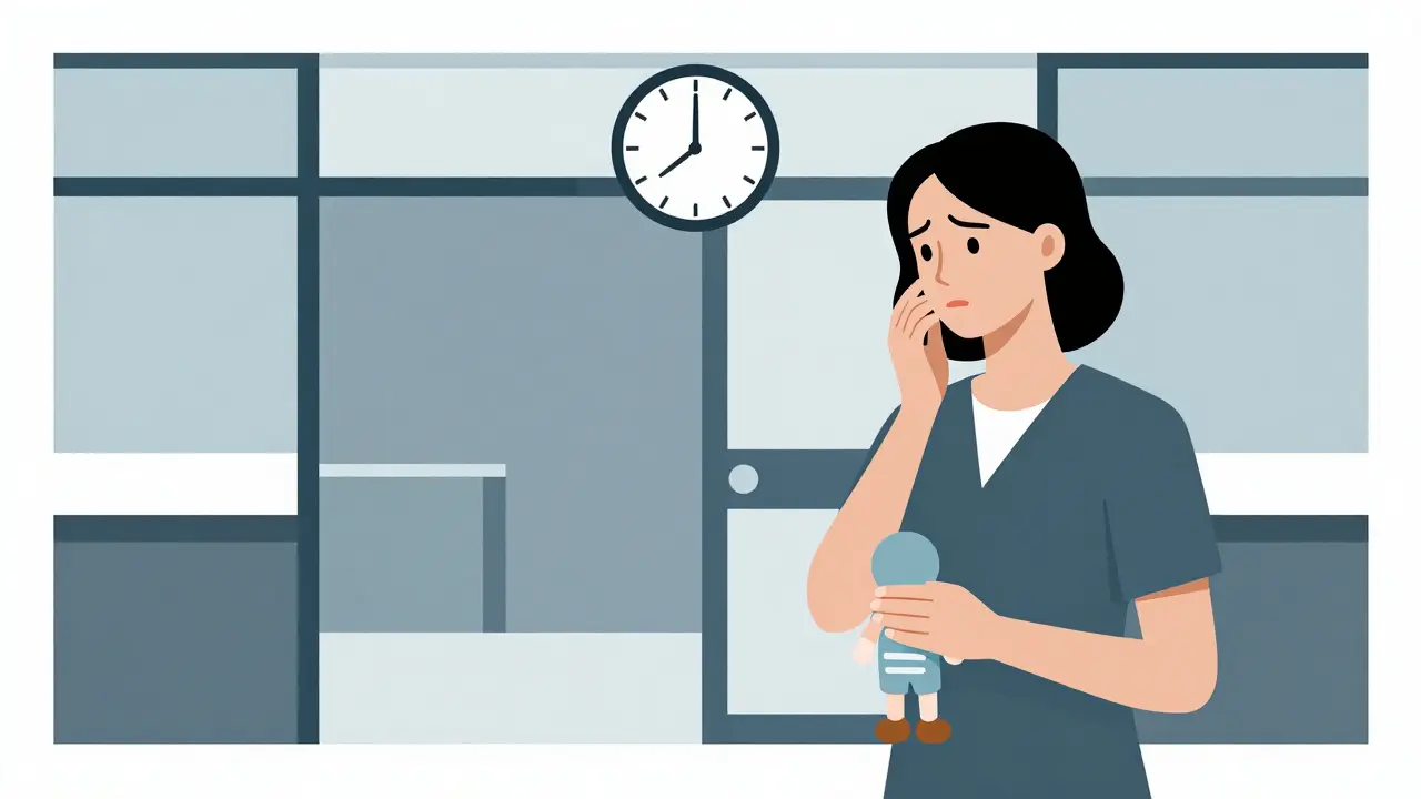 Woman hesitating at clinic door with child and slow clock