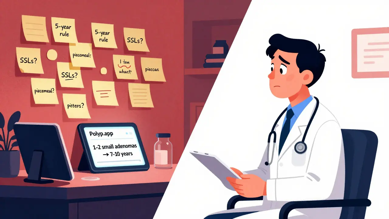 A doctor surrounded by chaotic notes while a tablet shows clear surveillance guidelines.