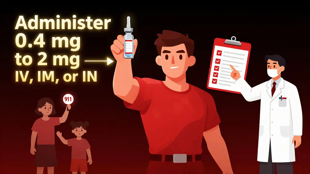 A hero holding naloxone with glowing text from a medication guide, while a family member calls for help and a pharmacist points to safety steps.