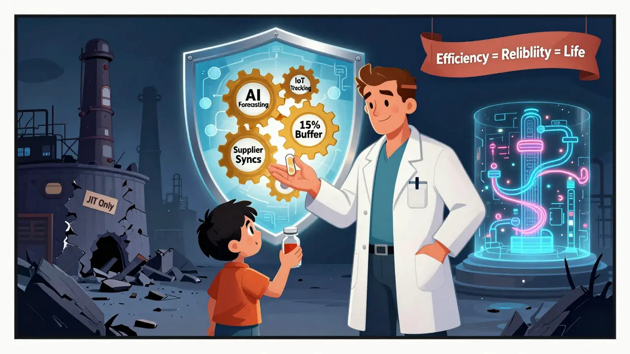 A pharmacist hands a pill to a child protected by a shield of AI, IoT, and safety buffers, while failing legacy systems crumble behind.