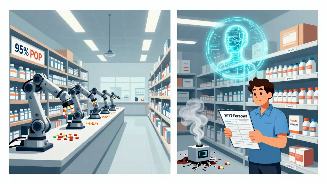 A split scene: one side shows efficient warehouse automation, the other an empty pharmacy shelf with critical drugs missing and a broken sensor.