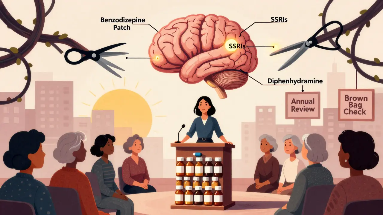 A woman at a podium cutting away harmful pills while brain pathways light up, surrounded by women listening.