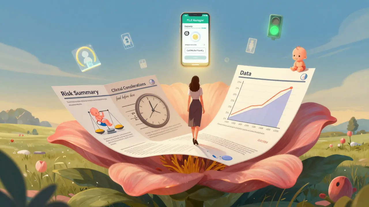 A woman stands amid a giant unfolding prescription insert shaped like a flower, with each petal representing key drug safety sections and data visualizations.