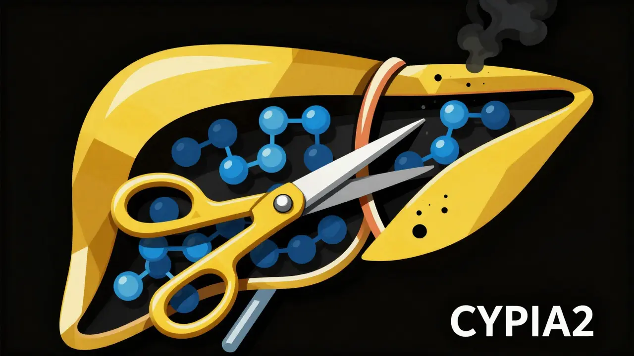 Abstract scissors cutting molecules inside cells, triggered by smoke particles.