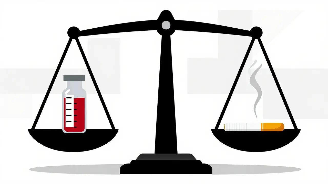 Balance scale weighing a blood vial against a cigarette, symbolizing monitoring.