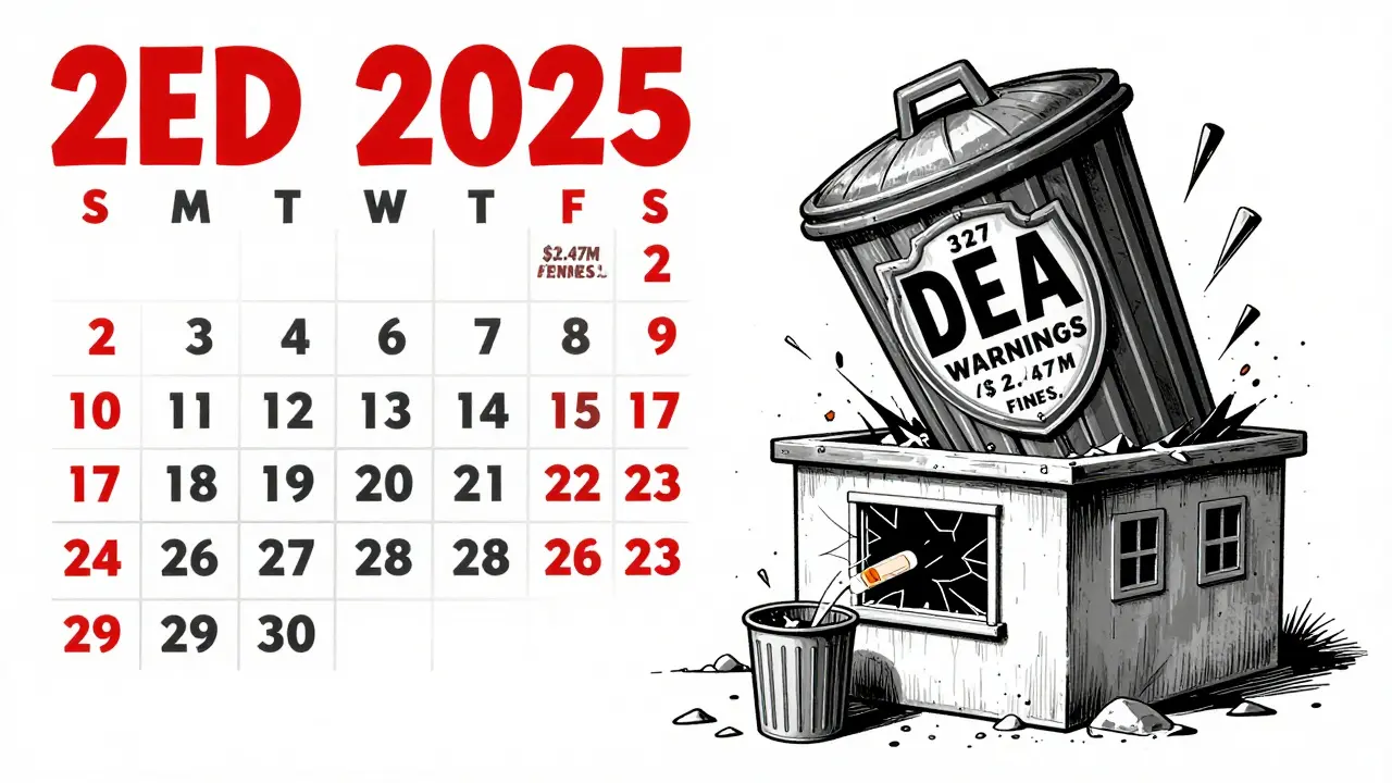 Expired fentanyl patch leaking from clinic trash as DEA enforcement looms over it.