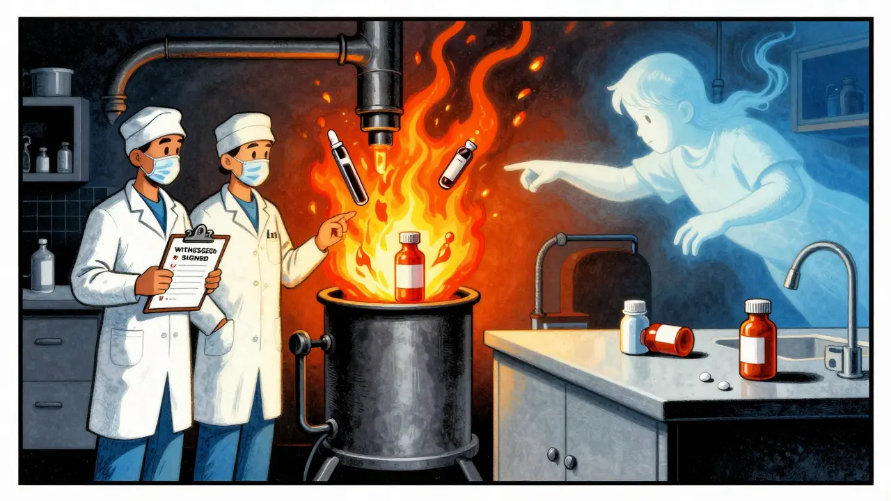 Medical workers incinerating expired narcotics with witness log visible, shadow of misuse looming.