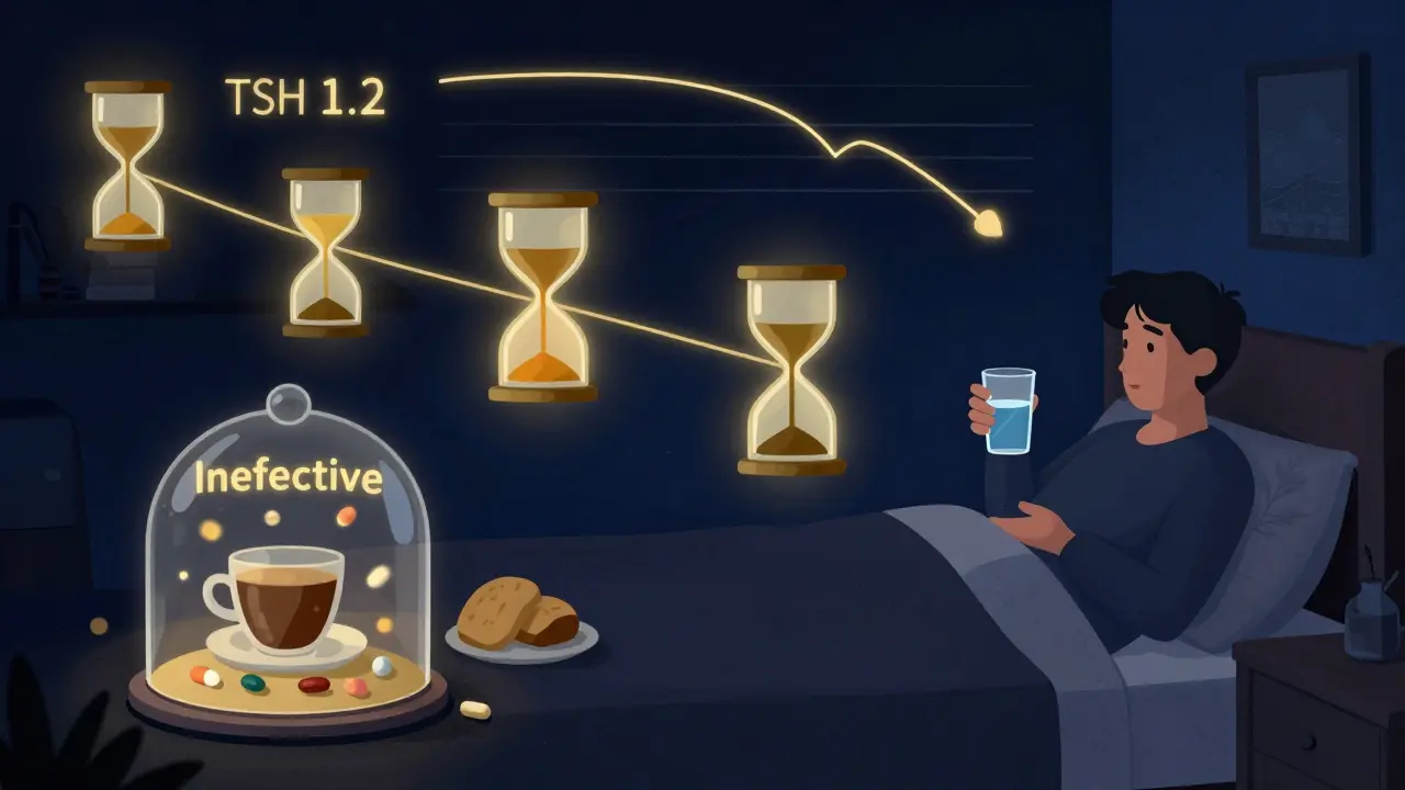 Nighttime dosing of thyroid medication with glowing hourglasses counting time, while a chaotic morning scene is trapped under glass.
