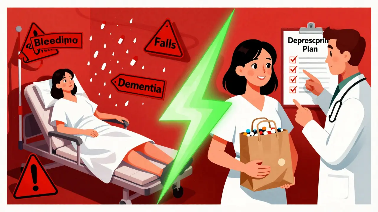Split scene: one side shows chaos from dangerous medications, the other shows calm with a doctor and brown bag review.