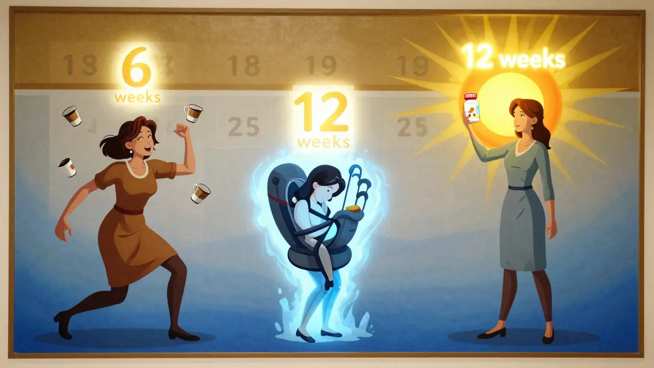 Three women on a timeline showing phases of postpartum thyroiditis, ending with a sunrise as treatment brings hope.