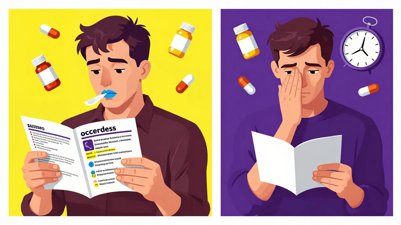 Two contrasting figures: one reading overdose symptoms from a medication guide, the other ignoring it amid floating pill bottles and a ticking clock.