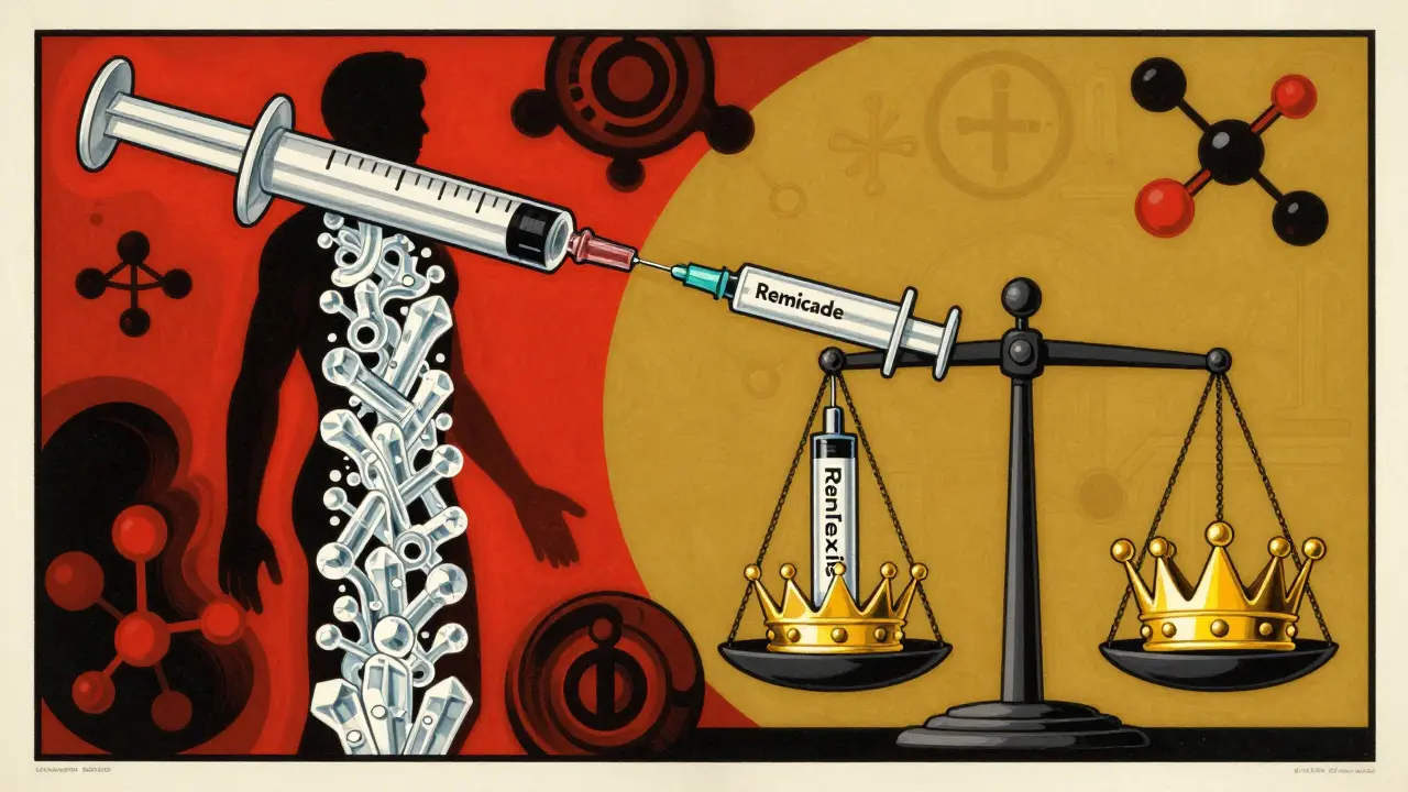 Two syringes releasing identical protein streams, with a scale balancing brand-name and biosimilar drug crowns.