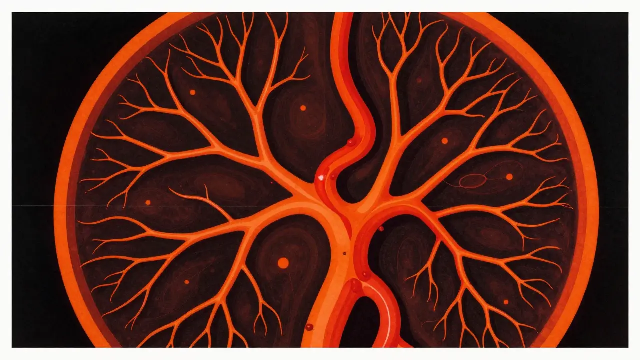 Abstract artistic representation of retinal blood vessels and dye flow in a bold graphic style.