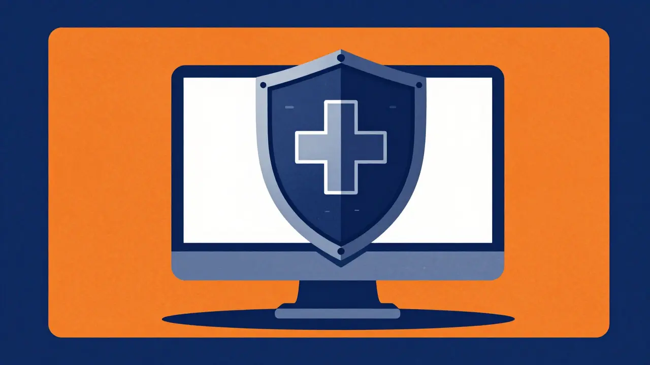 Abstract graphic of a digital shield and medical cross emerging from a screen