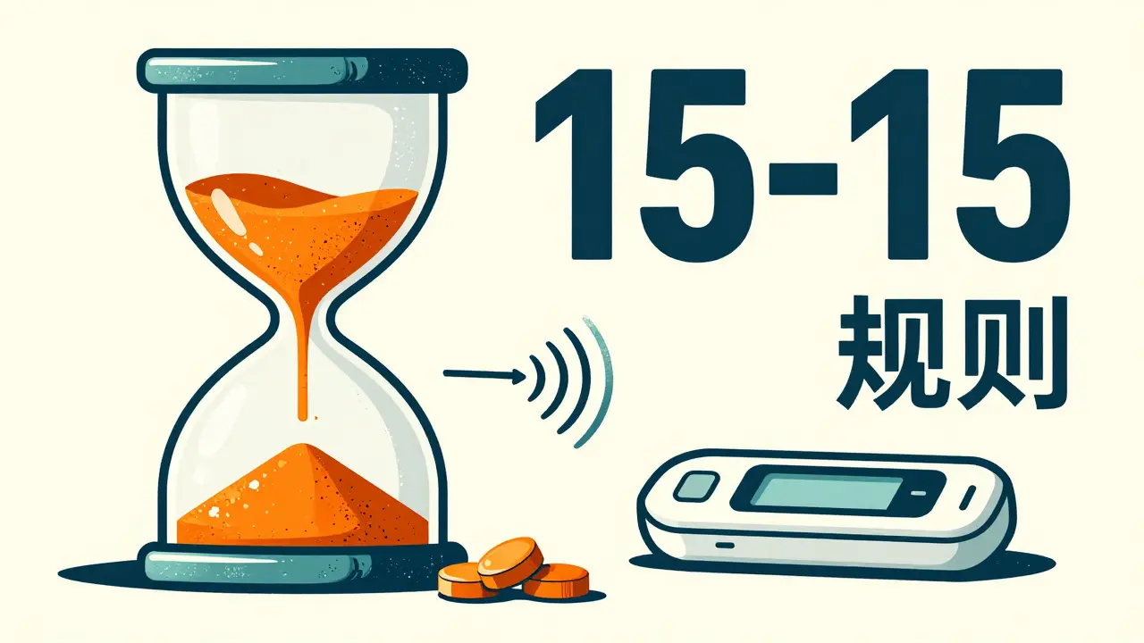 Abstract illustration of glucose tablets in an hourglass and a CGM sensor in Polish Poster style
