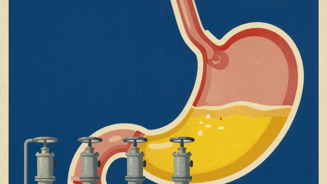 Abstract illustration of stomach pumps being shut down to stop acid production.