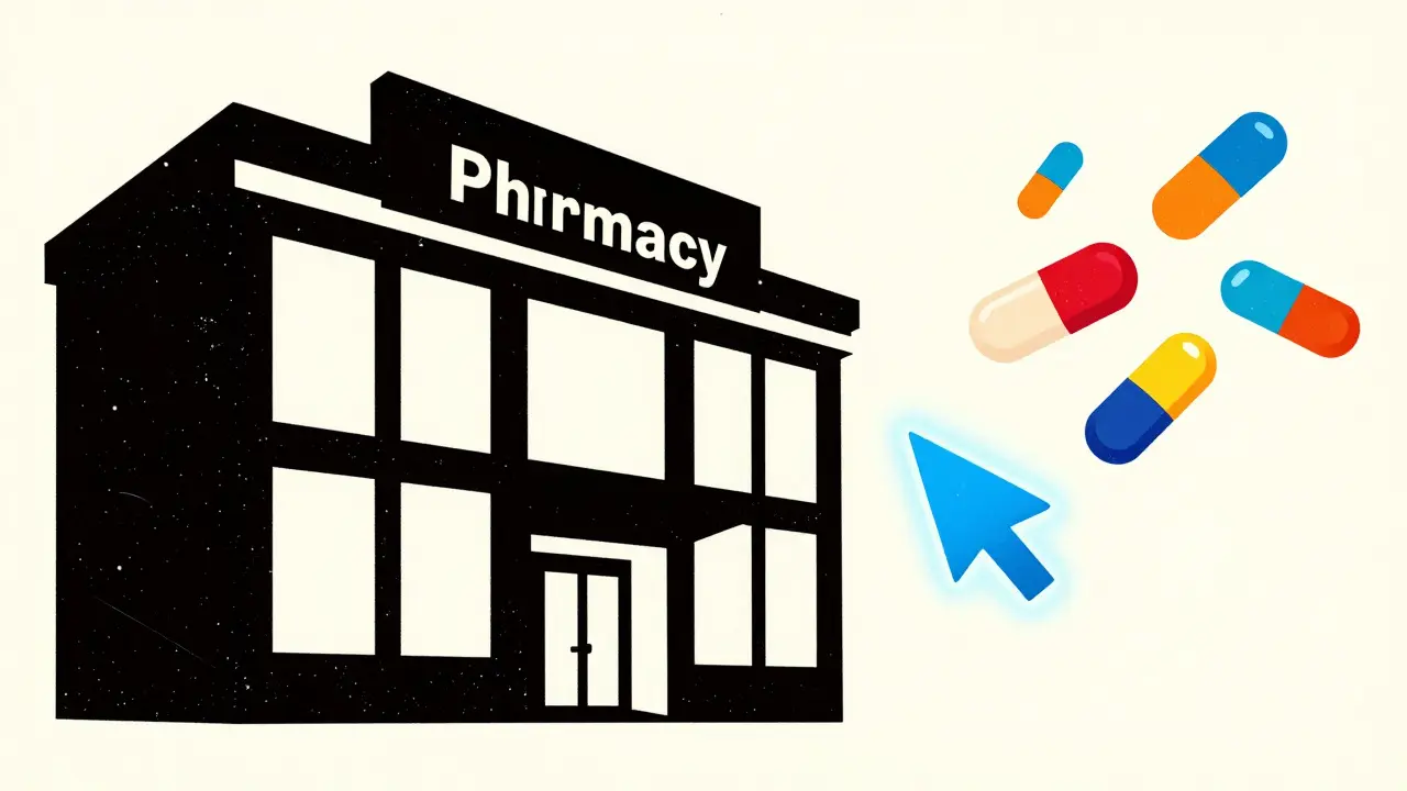 Abstract illustration showing a shift from a dark pharmacy building to bright online medication