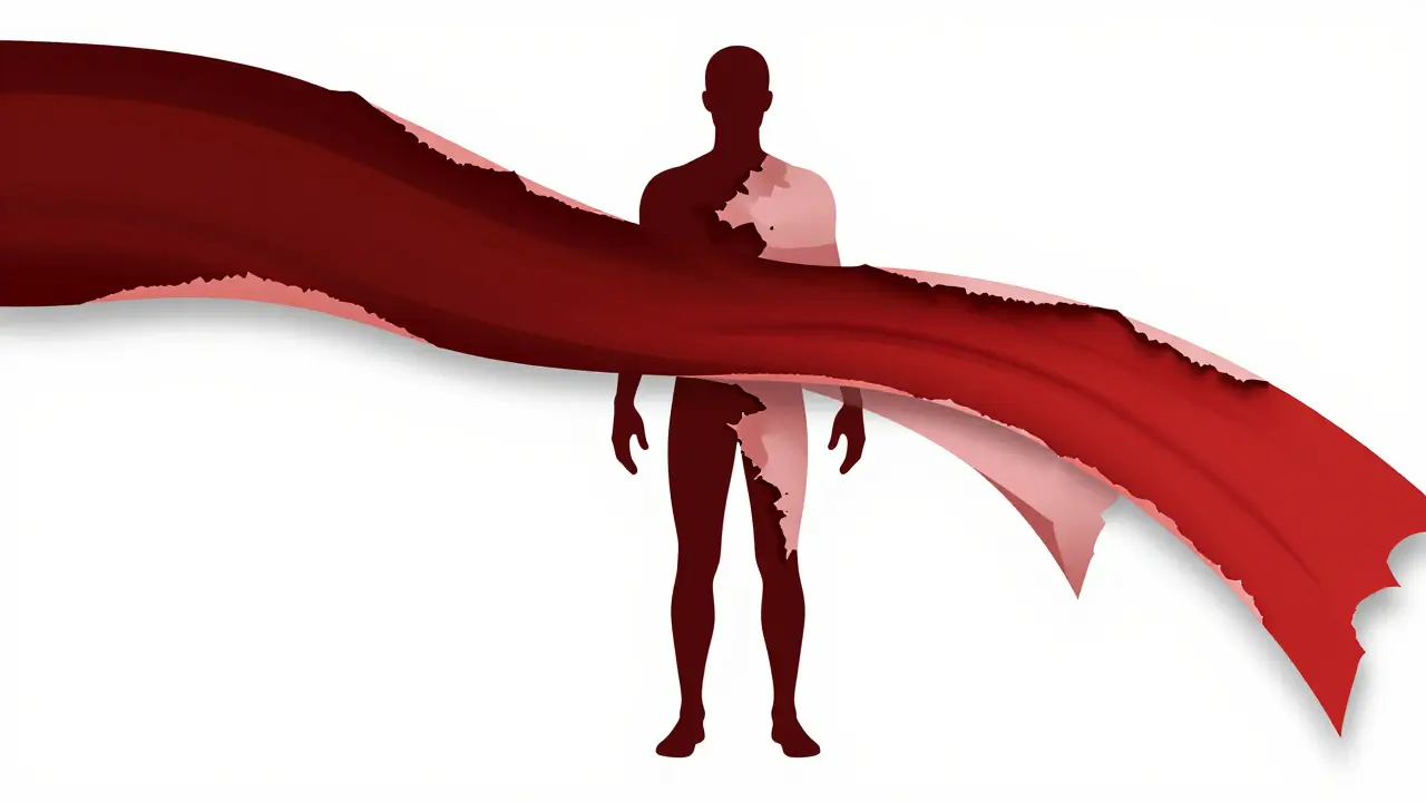 Abstract silhouette with skin peeling away in bold red sheets, symbolizing Toxic Epidermal Necrolysis.