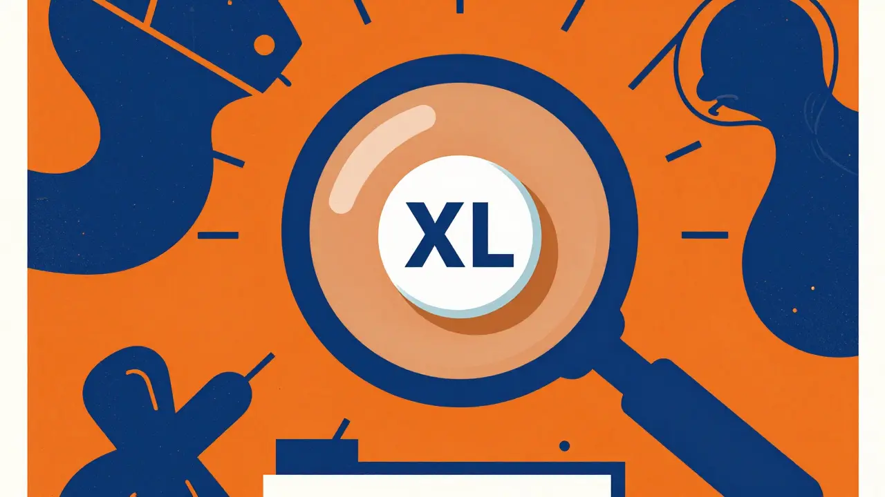 Conceptual art of a magnifying glass focusing on an XL pill with bold blue and orange colors