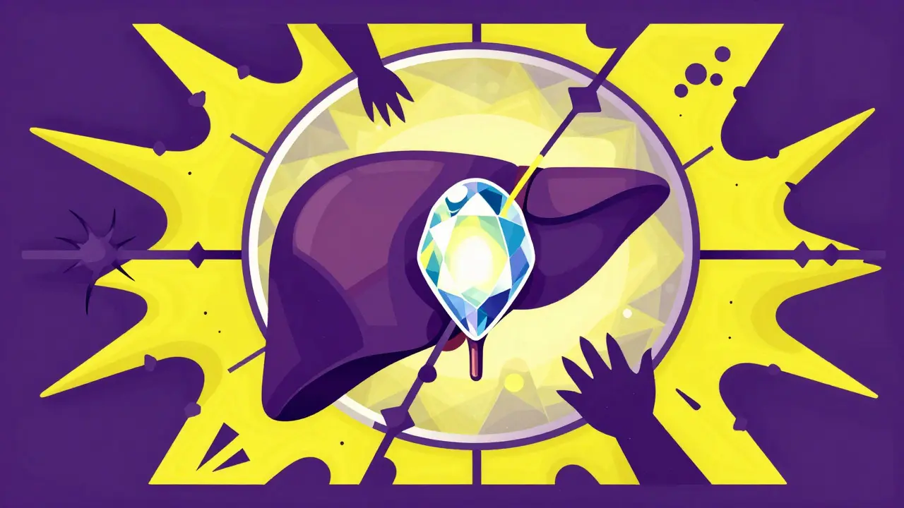 Conceptual art showing a glowing liver protected by a geometric shield from aggressive abstract shapes.