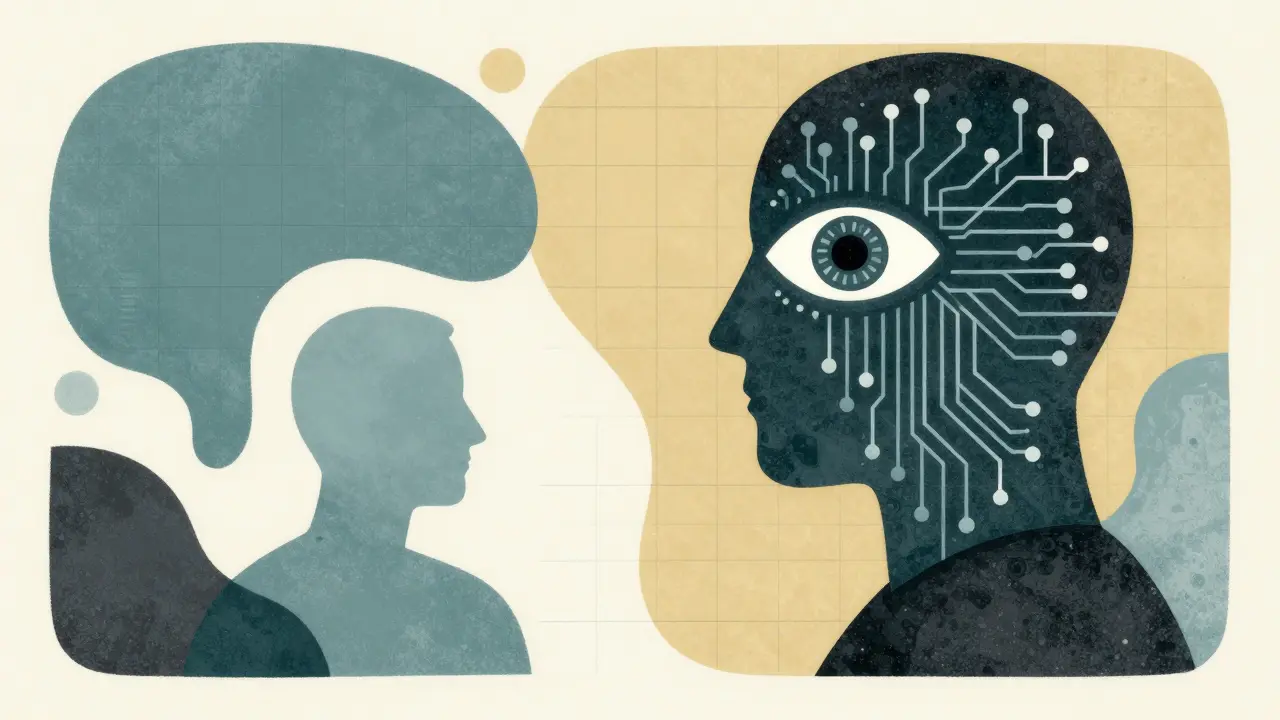 Conceptual artwork showing a digital eye monitoring a patient silhouette in a minimalist style