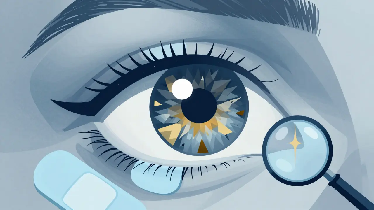 Conceptual illustration of a fragmented eye and medical lens representing ocular recovery.