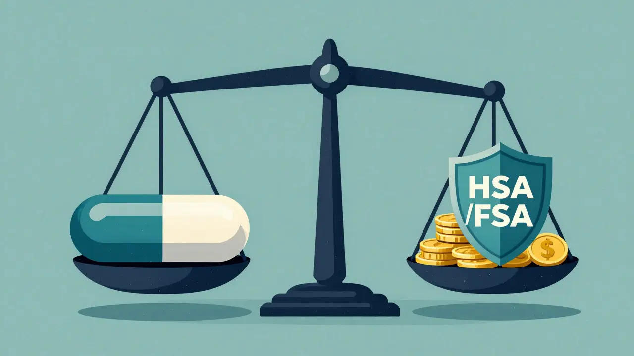 Conceptual scale balancing a medicine capsule with coins and a shield.