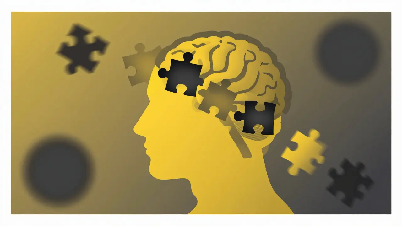 Conceptual silhouette of a head with dissolving puzzle pieces representing cognitive confusion