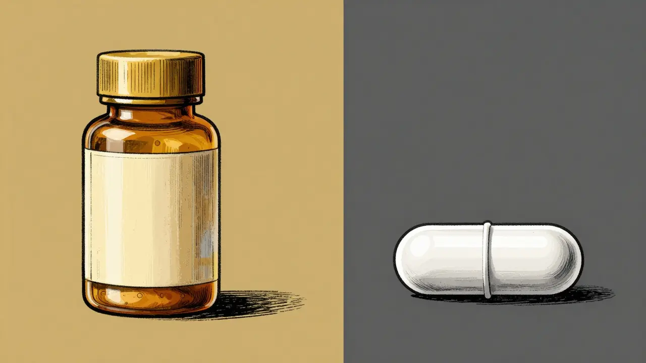 Contrast between a luxurious golden medicine bottle and a simple white generic capsule