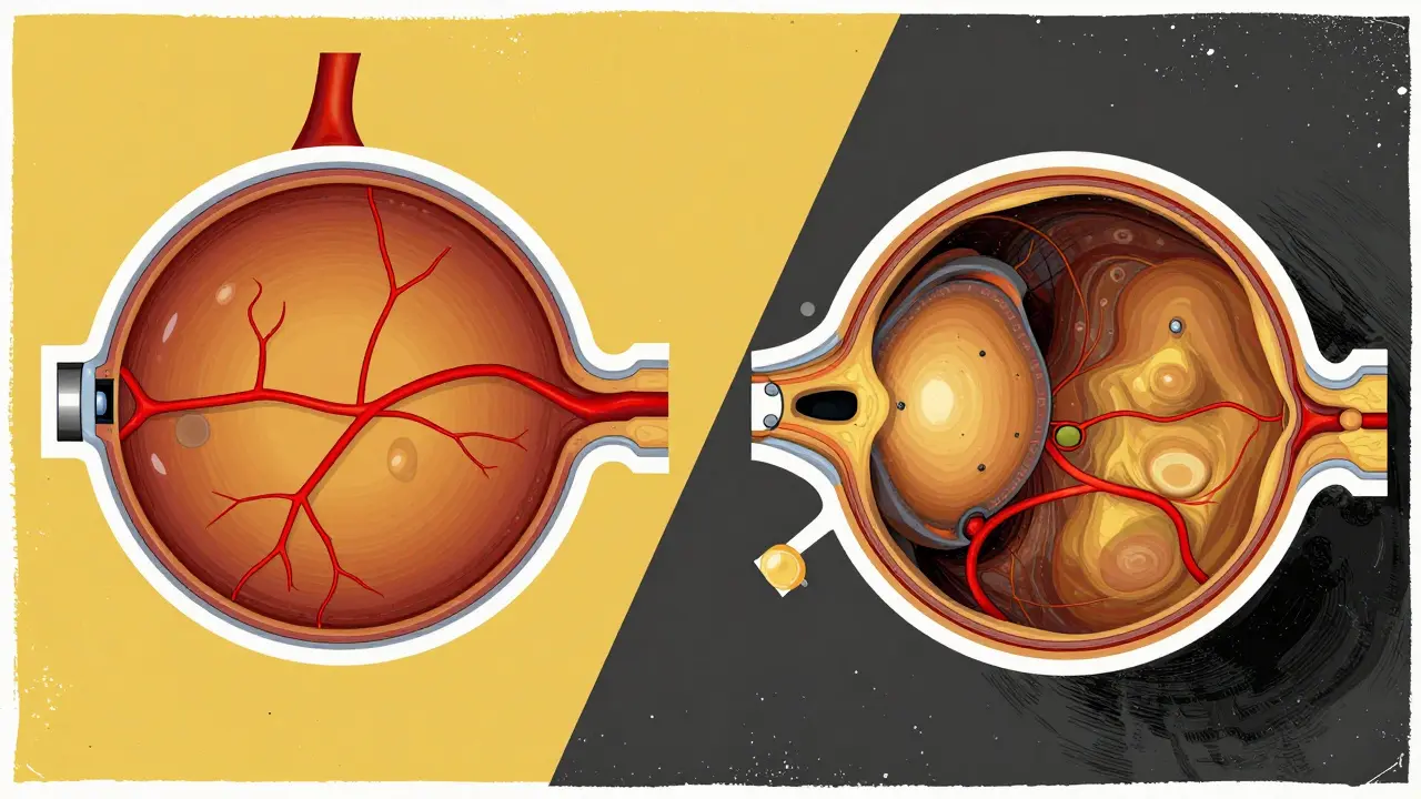 Graphic comparison of a retinal map and a cross-sectional eye slice in a modernist art style.