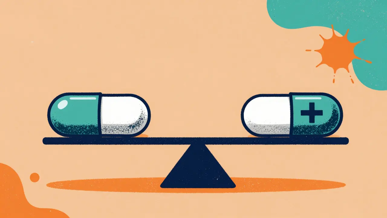 Stylized image of two identical medicine tablets balancing on a scale to show equivalent effectiveness.
