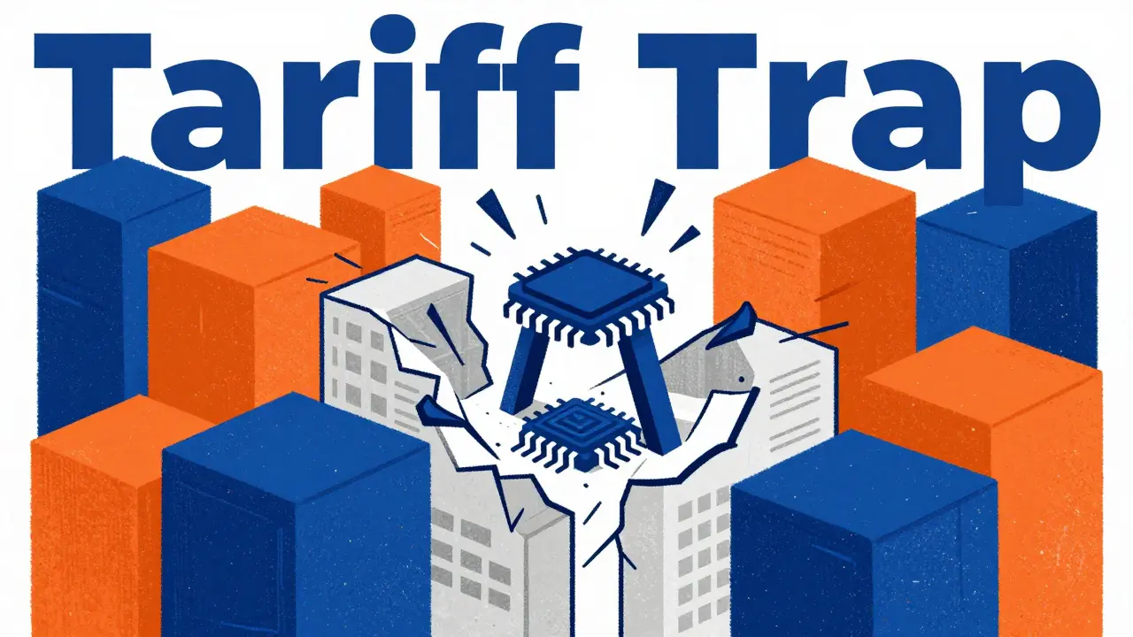 Stylized microchip surrounded by heavy blocks symbolizing tariffs and supply gaps.