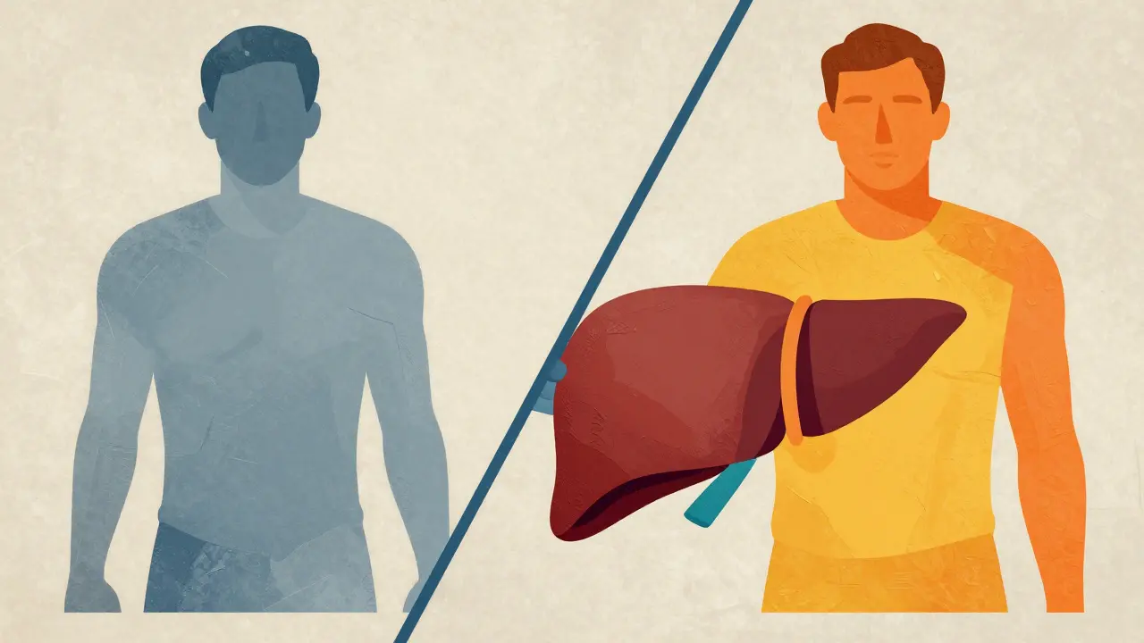 Symbolic split illustration comparing a deceased donor and a living donor for liver transplantation.