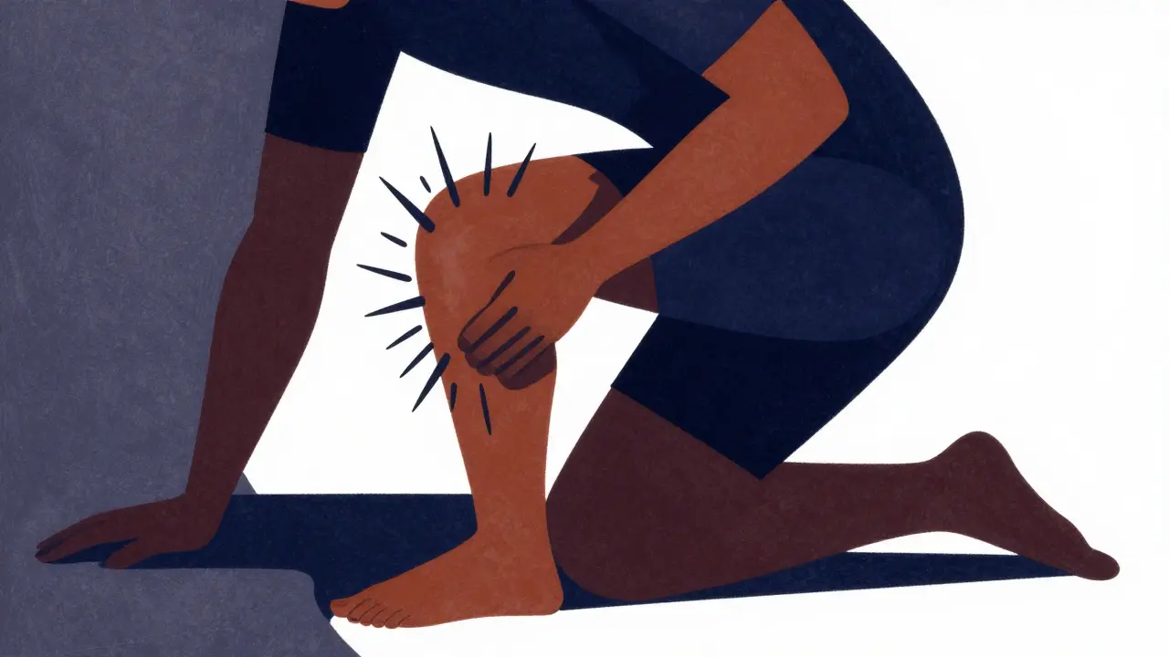 Abstract figure kneeling with jagged lines indicating knee joint stress
