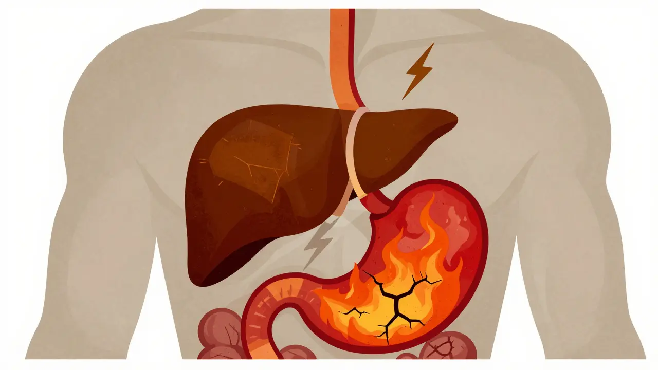Allegorical poster art depicting liver and stomach risks associated with painkillers