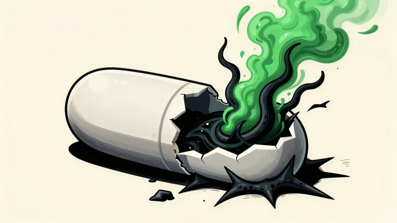 Cracked pill revealing dangerous toxins and shadows