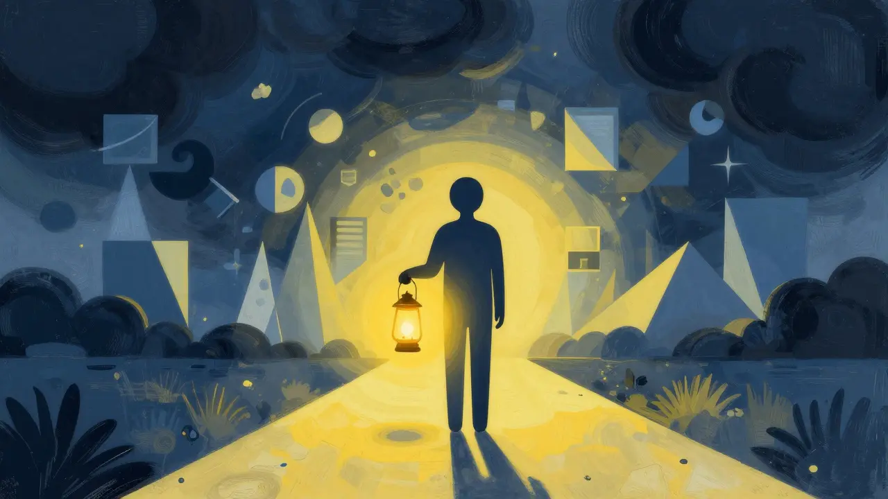 Figure holding a lantern on a path toward healing