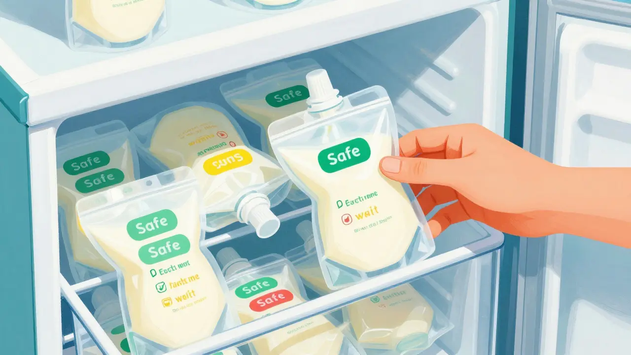 Freezer drawer with color-labeled milk bags, hand selecting one