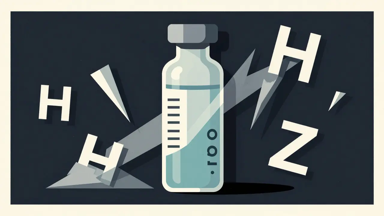 Graphic art of insulin vial with abstract chemical trigger symbols inside