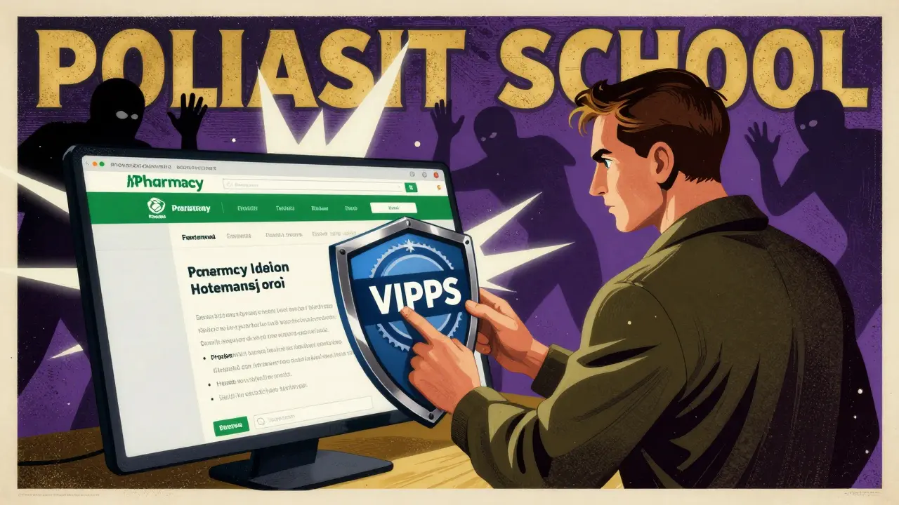 Graphic art showing a consumer protecting themselves from fake pharmacies by checking for official safety seals and verification.