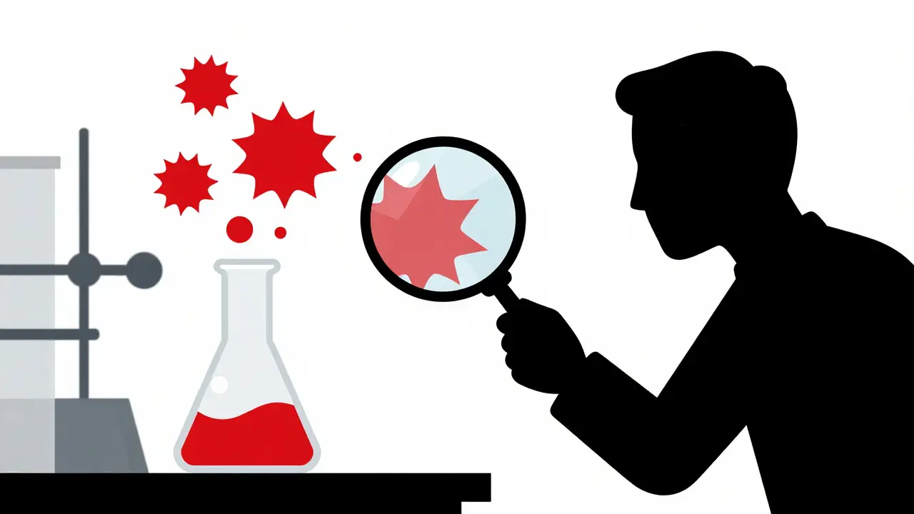 Graphic art showing a magnifying glass inspecting a flawed vial, representing quality concerns.