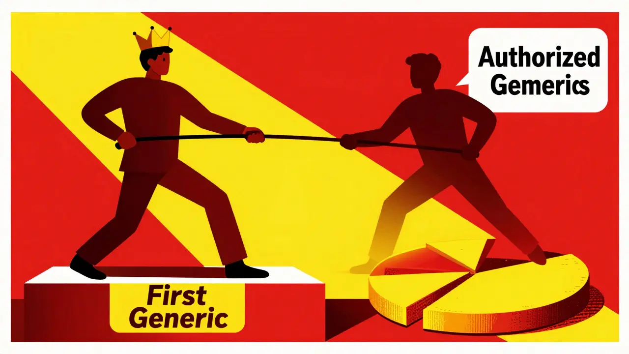 Graphic art showing authorized generics competing with the first generic for market share via tug-of-war.
