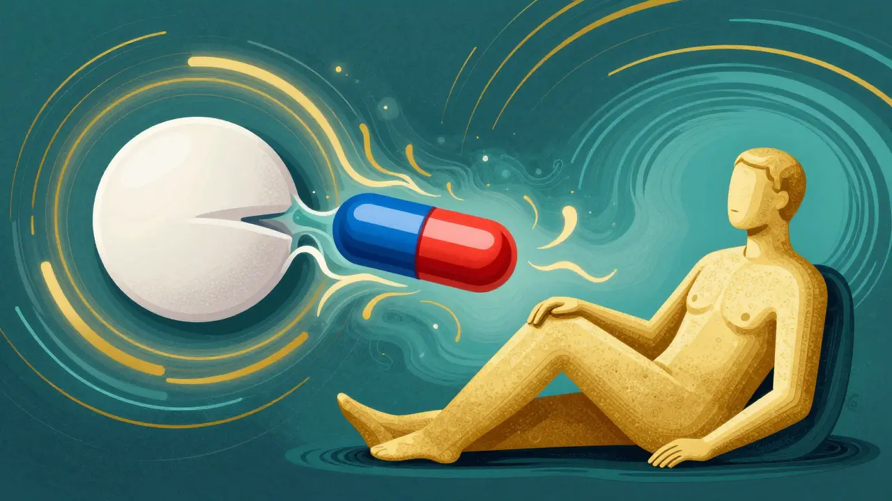 Graphic illustration of two pill types merging to provide balanced pain relief