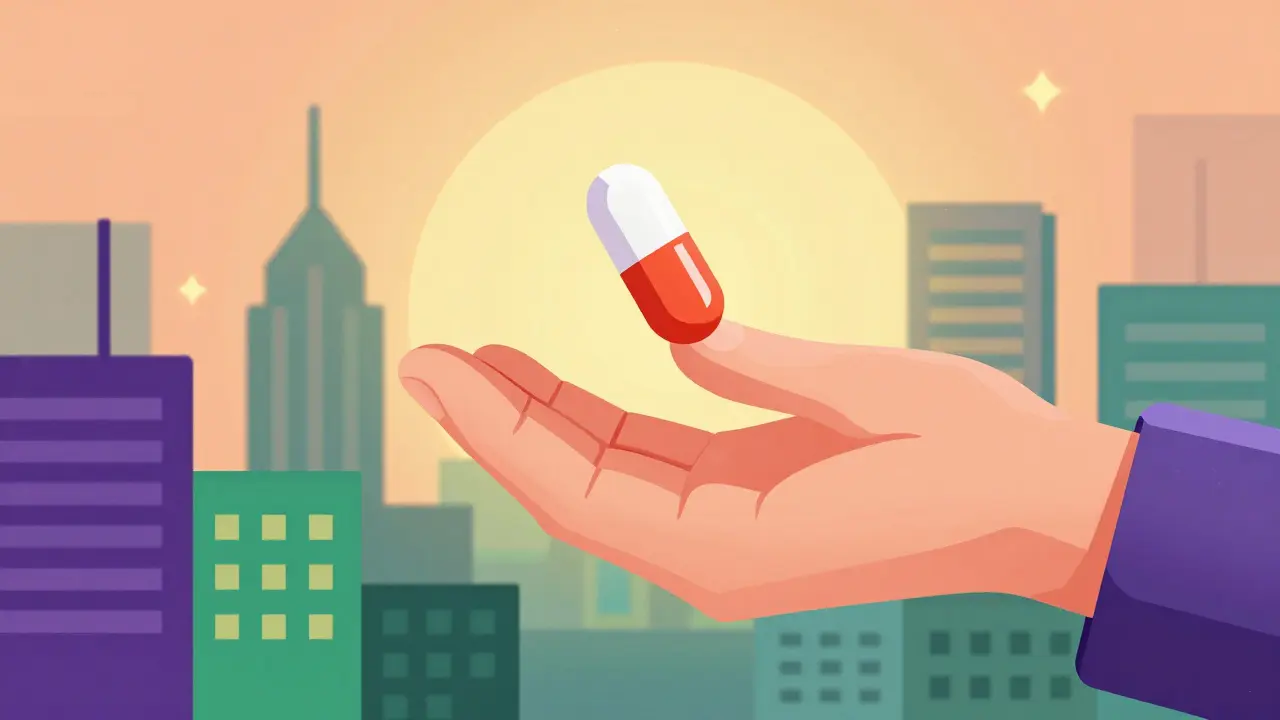 Hand holding a pill over a colorful cityscape symbolizing patient trust
